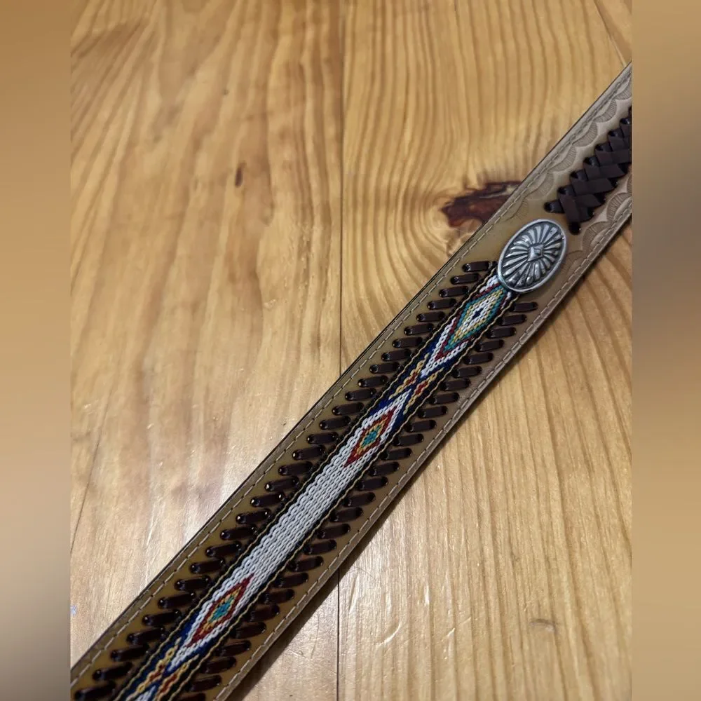 American Indian Belt With Conches Leather Embroidered 47” Total Length